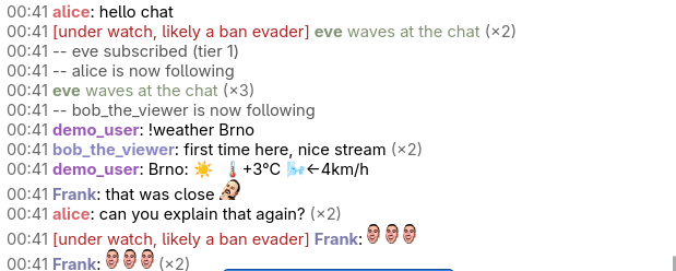 A weather bot answering !weather Brno in the chat