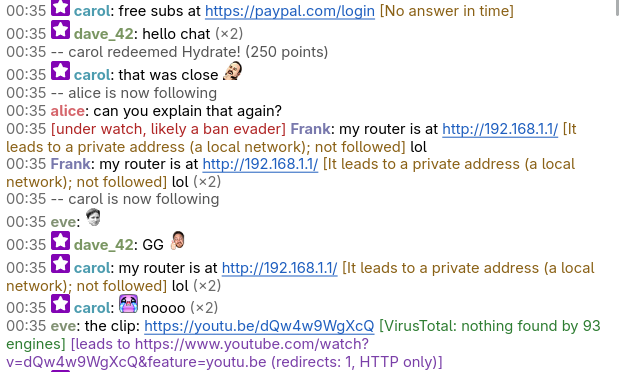 Links in chat with what was found out about them: one leads to a private address and is not followed, one is clean by VirusTotal and leads on to youtube.com