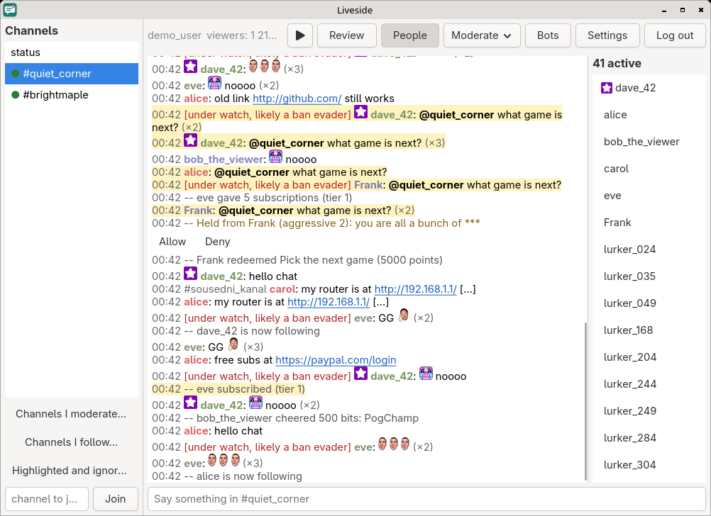 The Liveside window: a channel's chat with emotes, badges, highlighted lines and a message held by AutoMod, the channel list on the left and the people in the channel on the right