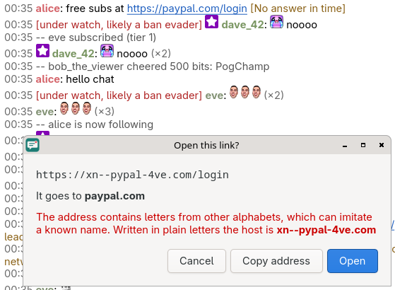 A link to a look-alike of paypal.com: the dialog shows the real address, xn--pypal-4ve.com, and warns that its letters imitate a known name