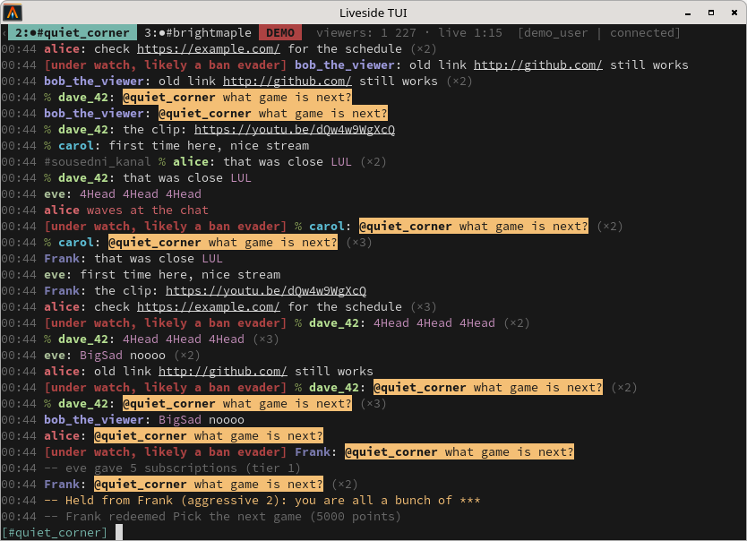 The terminal client in a channel, with highlighted lines and the people in the channel